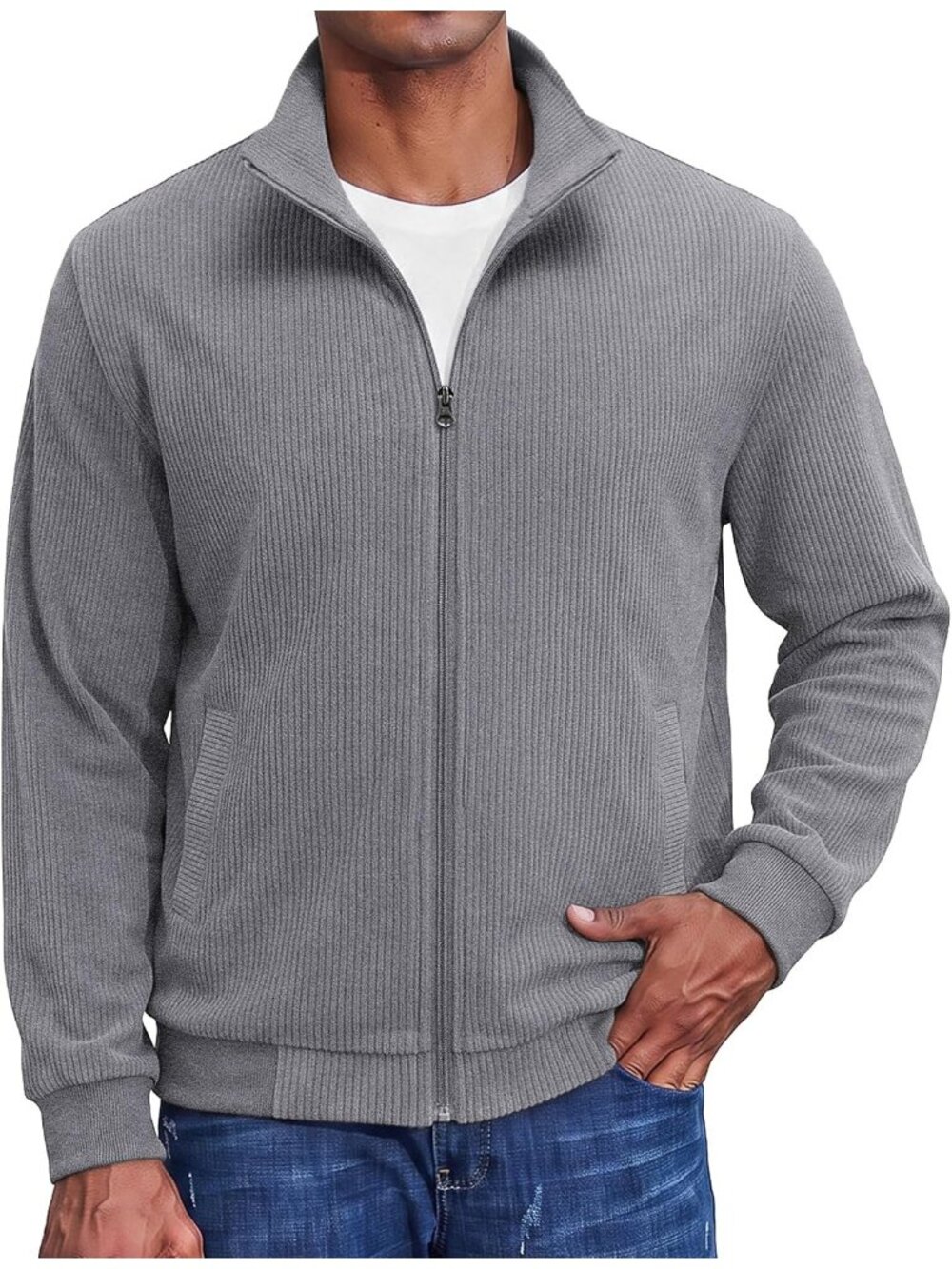 🆕Men's Light Grey Zip Up Sweatshirt Knit Cardigan Ribbed Mock Neck Outerwear